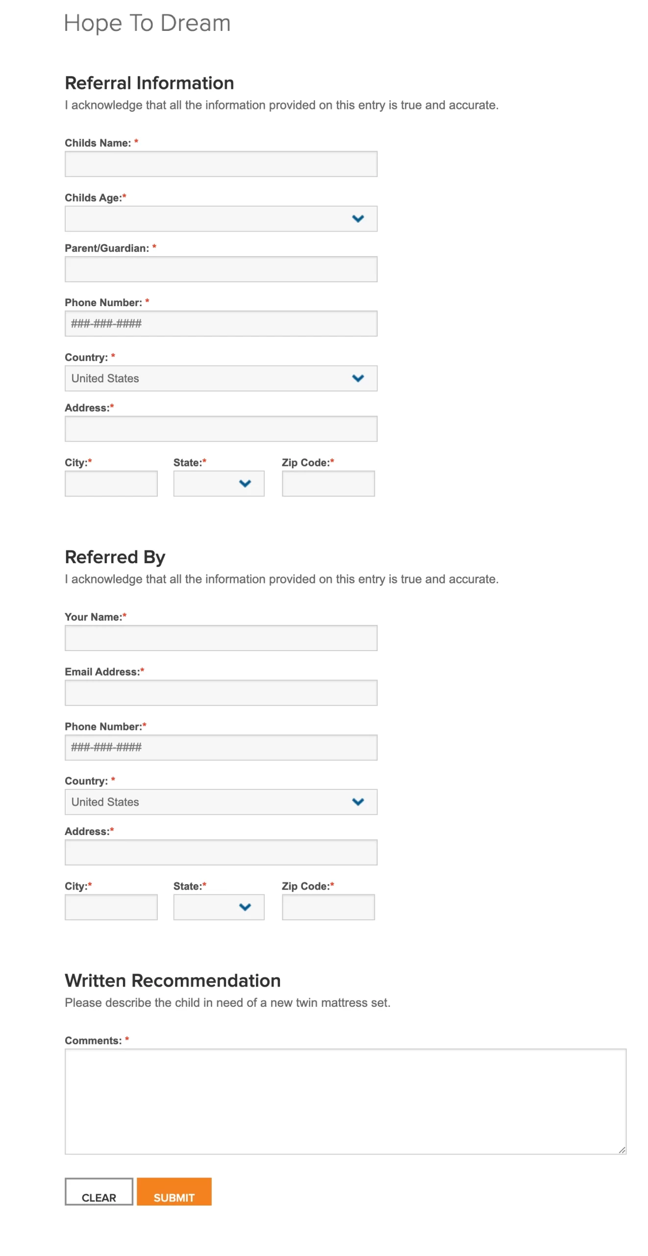 Original Hope to Dream submission form